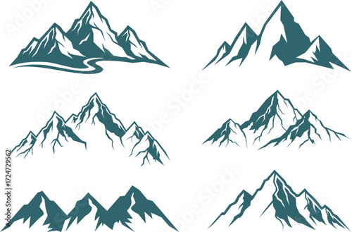 Collection of six distinct hand-drawn mountain range designs in a sketched artistic style