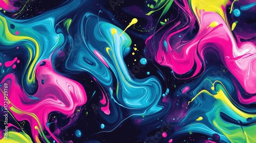 A vibrant abstract background with bright neon colors like pink, blue, and green swirling around each other in energetic patterns on a dark backdrop