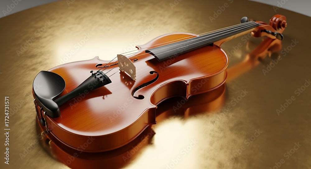 Fototapeta premium Elegant violin with detailed craftsmanship, resting on a golden surface