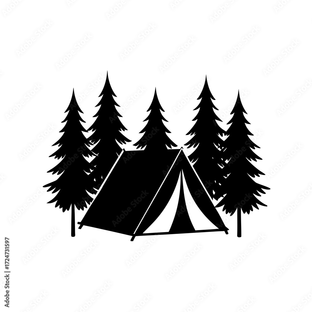 Obraz premium Vector art of black silhouette of a camping tent pitched among pine trees