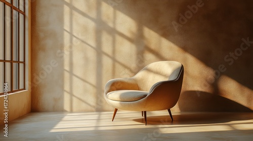 Modern minimalist interior with a sleek armchair against an empty cream-colored wall, soft natural lighting