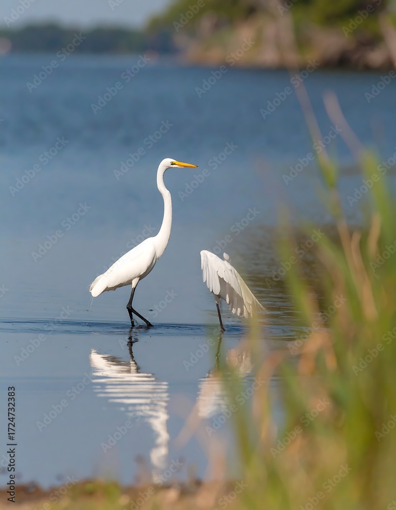 Fototapeta premium Two egrets on calm water