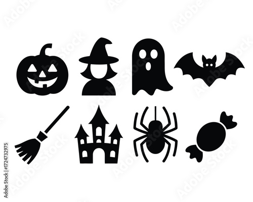 Set of eight black halloween icon silhouettes vector illustration scalable eps graphics vector