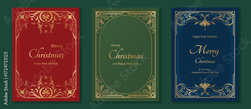 Christmas and Happy Holidays poster vector set. Luxury card template with Victoria frame, leaves and ornament vintage border on navy blue background. Design illustration for cover, poster, packaging.