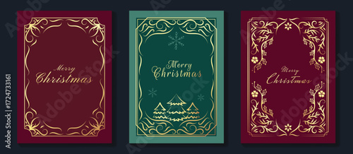 Christmas and Happy Holidays poster vector set. Luxury card template with Victoria frame, christmas tree and ornament vintage border on red and green background. Design for cover, poster, packaging.