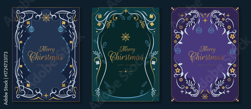 Christmas and Happy Holidays poster vector set. Luxury card template with Victoria frame, leaf and ornament vintage border on red, green background. Design illustration for cover, poster, packaging.