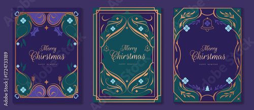Christmas and Happy Holidays poster vector set. Luxury card template with Victoria frame, leaves and ornament vintage border on navy blue background. Design illustration for cover, poster, packaging.