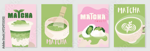 Matcha Green tea drinks poster template design set. Wallpaper of beverage, matcha latte art, green tea iced,Matcha mochi. Vector illustration for promotion, marketing, menu, packaging, ads.