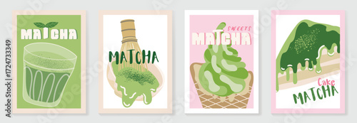 Matcha Green tea drinks poster template design set. Wallpaper of beverage, matcha latte art, green tea iced, tea ceremony. Vector illustration for promotion, marketing, menu, packaging, ads.