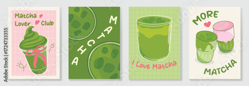 Matcha Green tea drinks poster template design set. Wallpaper of beverage, matcha latte art, green tea iced, tea ceremony. Vector illustration for promotion, marketing, menu, packaging, ads.