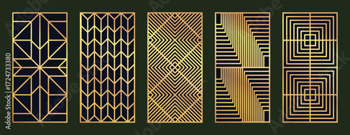 Gold abstract line art pattern vector collection. Laser cut with line design pattern. Design for wood carving, wall panel decor, metal cutting, wall arts, cover background, wallpaper and banner. 