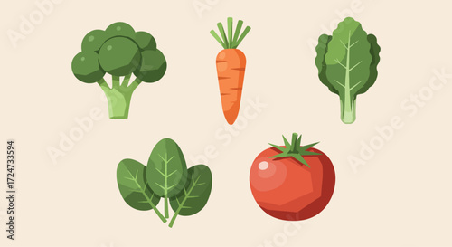 Flat illustration of various fresh vegetables including broccoli, carrots, spinach, and tomato.