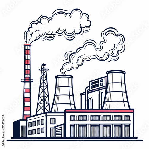 Illustration of a large industrial complex with multiple buildings, chimneys, and cooling towers emitting smoke