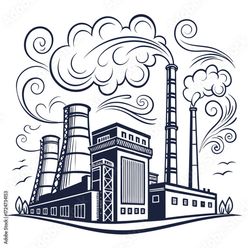 Illustration of a large industrial complex with tall smokestacks emitting plumes of smoke, set against a clean, conveying a sense of industry and environmental impact