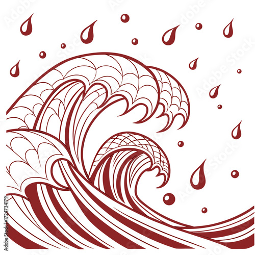 Illustration of a large ocean wave with water droplets, the wave is drawn in a simple, graphic style with bold lines and a limited color palette, creating a striking visual