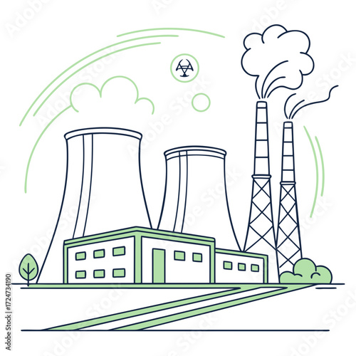 Illustration of a modern power plant with cooling towers and smokestacks, set against a stylized landscape, symbolizing energy production and environmental impact