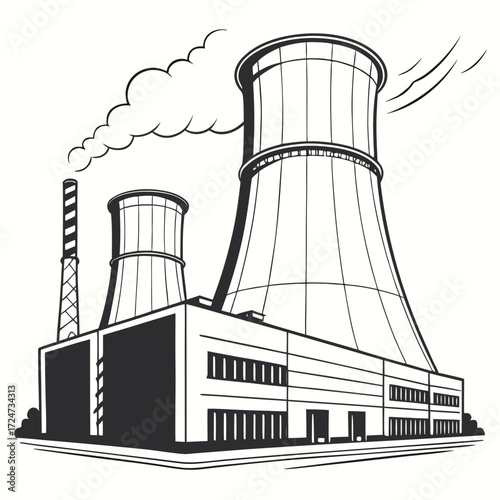 Illustration of a nuclear power plant with cooling towers and a chimney emitting smoke, representing energy production and industrial infrastructure