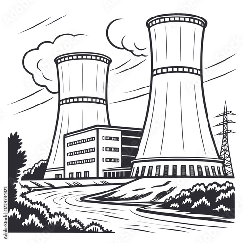 Illustration of a nuclear power plant with cooling towers and a building, emitting smoke, depicts energy production and industrial landscape