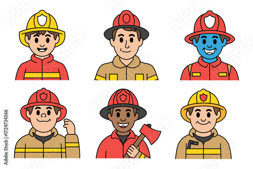Set of Cartoon Firefighter Characters in Uniform with Helmets and Fire Equipment, Perfect for Safety Education, Emergency Services, Kids’ Books, and Fire Prevention Campaigns