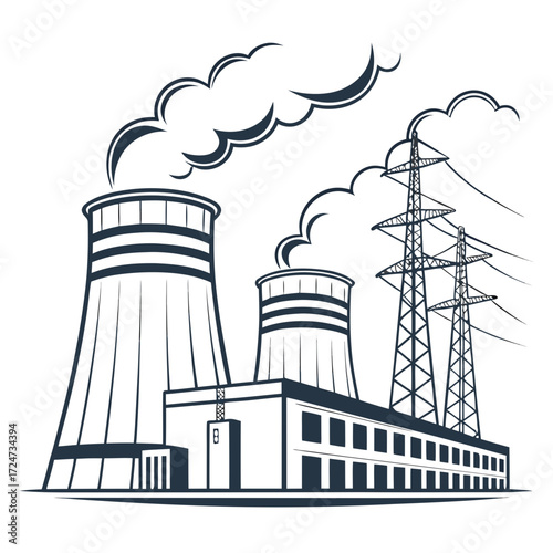 Illustration of a nuclear power plant with cooling towers and power lines, symbolizing energy production, industrial infrastructure, and technological advancement