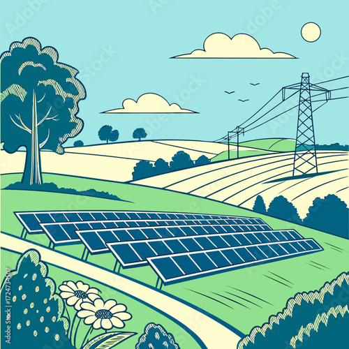 Illustration of a solar farm in a rural landscape with rolling hills, trees, and a power line on the horizon, showcasing sustainable energy and environmental awareness