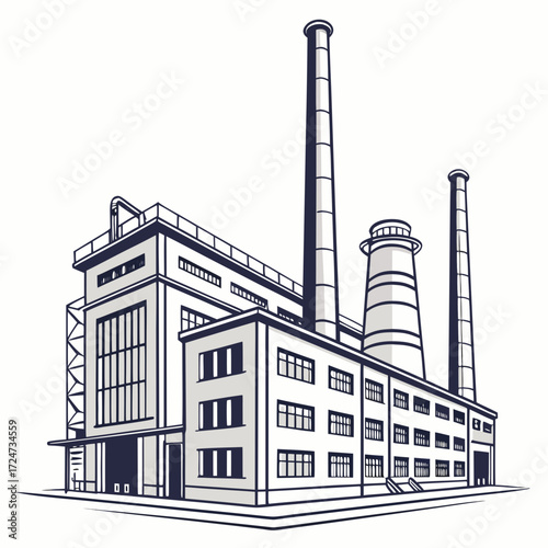 Illustration of an industrial factory, showcasing its architectural design and functional layout, representing manufacturing, production, and economic activity