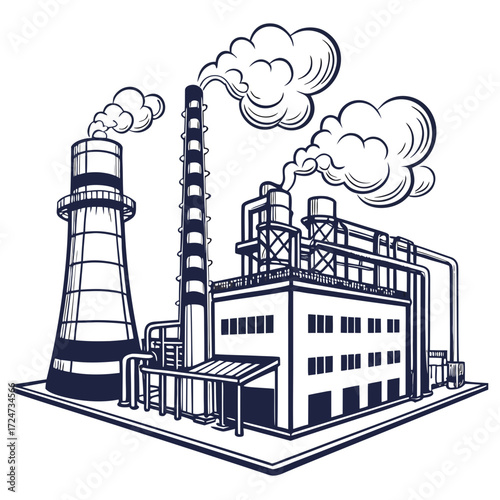 Illustration of an industrial plant with chimneys, pipes, and buildings emitting smoke into the atmosphere
