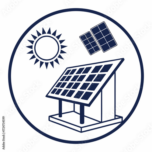 Illustration of solar panel, sun, and photovoltaic cells inside a circle, representing renewable energy and sustainable technology for clean power generation