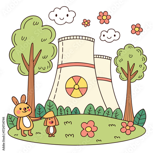 Vector art of a cute nuclear power plant surrounded by nature, with happy animals and flowers, symbolizing a peaceful coexistence of technology and environment
