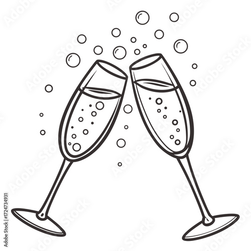 Vector art of elegant champagne flutes toasting in celebration, a sparkling moment of joy and cheer, a delightful scene of clinking glasses and bubbly effervescence