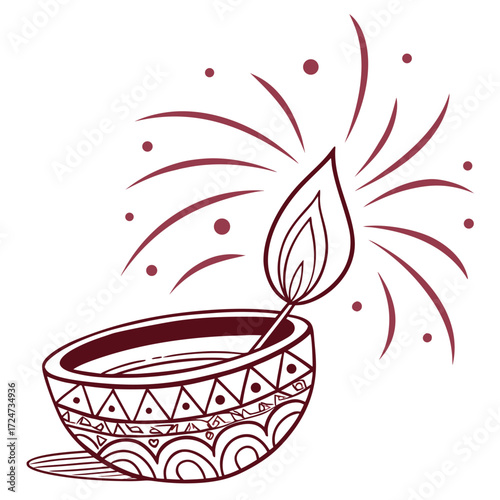 Vector art of elegant diwali illustration, showcasing a classic diya lamp with intricate details, accompanied by vibrant fireworks, capturing the essence of the festive celebration