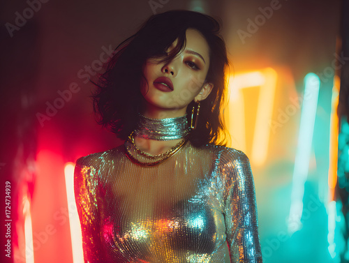 woman silver bodysuit standing tall 