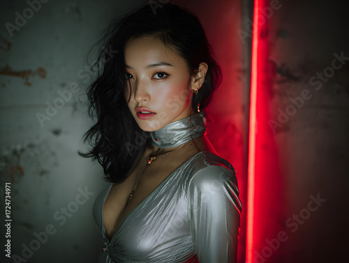 woman silver bodysuit standing tall 