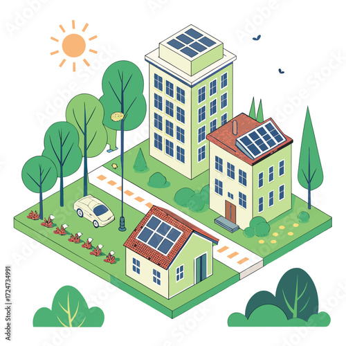 Vector art of isometric illustration of a neighborhood with houses and buildings equipped with solar panels, showcasing sustainable living and renewable energy integration in urban environments