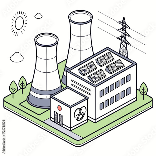 Vector art of isometric nuclear power plant illustration renewable energy production with cooling towers and solar panels sustainable electricity generation concept design