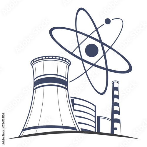 Vector art of minimalist vector illustration of a nuclear power plant with cooling tower and atom symbol, , representing energy production, science, and industrial technology in a simple, clean design