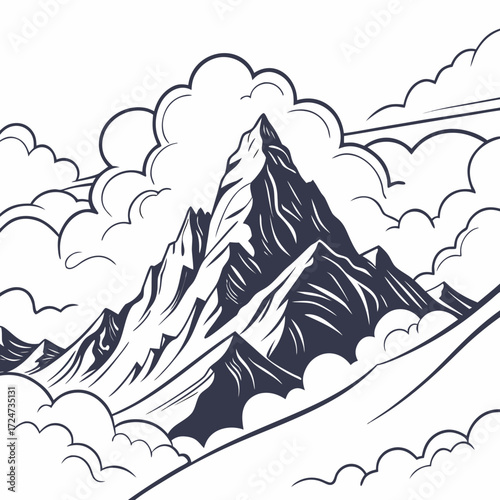 Vector art of majestic mountain peak piercing through fluffy clouds, a serene landscape showcasing natures grandeur, a captivating scene of towering heights and ethereal beauty