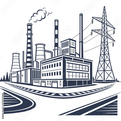 Vector art of monochrome illustration of industrial landscape depicts a factory with chimney, cooling tower, and transmission tower along a road in a vintage style