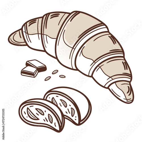 Vector art of a delicious croissant with chocolate pieces and a sliced croissant perfect for breakfast, dessert, or a sweet treat enjoy the deliciousness