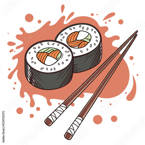 Vector art of a handdrawn sushi roll with chopsticks, a culinary delight that brings joy to any meal, a perfect illustration for menus, and food blogs