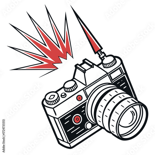 Vector art of vintage camera with flash a retrostyle illustration of a classic camera with a burst of light, perfect for photography or design projects