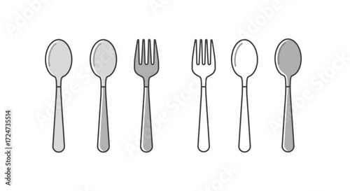 A simple line art illustration of spoons and forks, showcasing variations in shading and style.