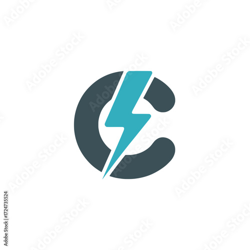 Letter C Logo with Electric Lightning Bolt, Creative letter C logo design featuring a bold blue lightning bolt, symbolizing energy, technology, and speed 

