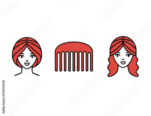 Illustrations of women with different hairstyles and a hair comb