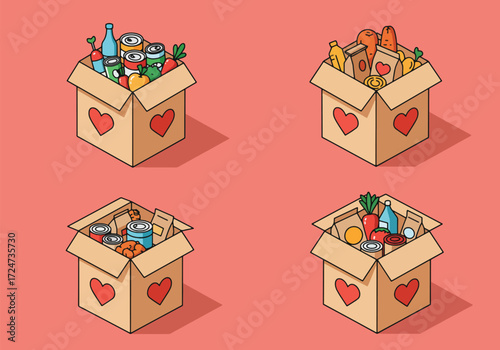 Four cardboard boxes filled with various food items, symbolizing donation and charity.