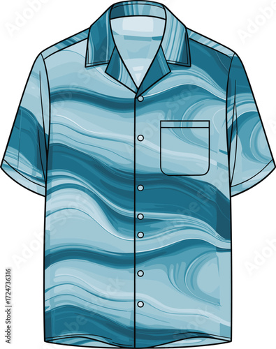 Unisex short-sleeve button-up shirt technical fashion sketch vector illustration with abstract wavy print, camp collar, and chest pocket.