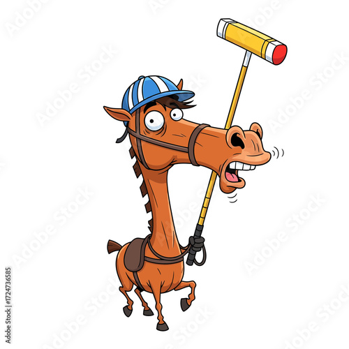Cartoon Horse Polo Player with Exaggerated Features and Blue Striped Cap