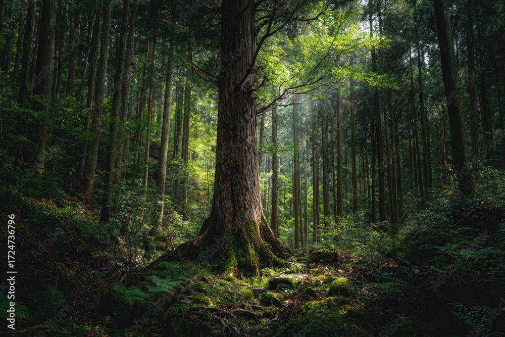 Naklejka premium Sunlight filters through a dense forest, highlighting a large, ancient tree