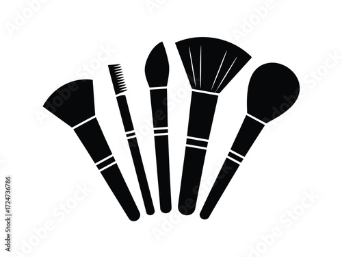 Set of five stylized black makeup brushes silhouette vector illustration for beauty and cosmetics vector
