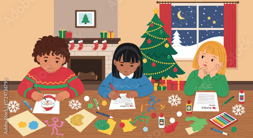 Capturing the heartwarming spirit of the holidays, young creators joyfully engage in festive crafts, meticulously making unique decorations with smiles and artistic enthusiasm